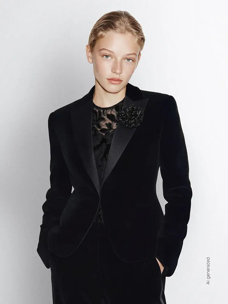 Model wears a Max Mara cropped black velvet tuxedo jacket.